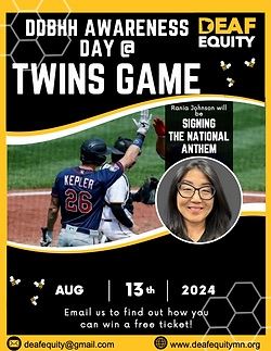 Image Description: A vibrant flyer for the "2nd DDBHH Youth Baseball Clinic," presented in black with yellow and white accents. At the top is the "Deaf Equity" logo with the "Twins Community Fund" logo to the right. The flyer features a baseball with stars around it, a home plate graphic with a crossed bat, and a glove behind it. The event details are prominently displayed: "FRIDAY, JUNE 15 2024" and "10:30 AM - 12 PM" for ages 6 to 10. Below, the location is given as "Highland Park Community Center, 1978 Ford Parkway St. Paul MN 55116." It advertises "SWAG! GIVEAWAYS! TICKETS! FUN!" and notes the event is free with "ASL interpreters" and "DDBHH role models." A QR code for registration is to the right, with a "Register Now!" prompt. Contact information is provided at the bottom as "deafequity@gmail.com.”